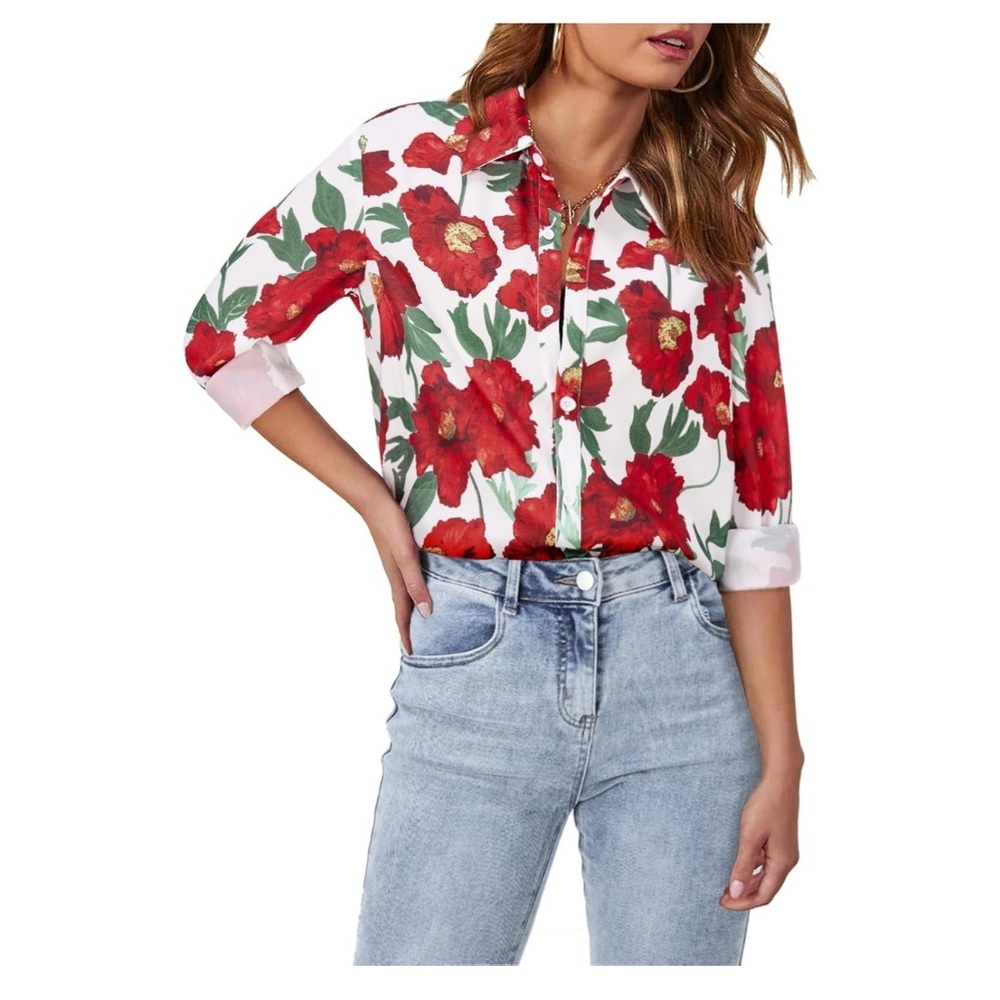 Floral Red and White Women's Top size XS NEW - Picture 2 of 8